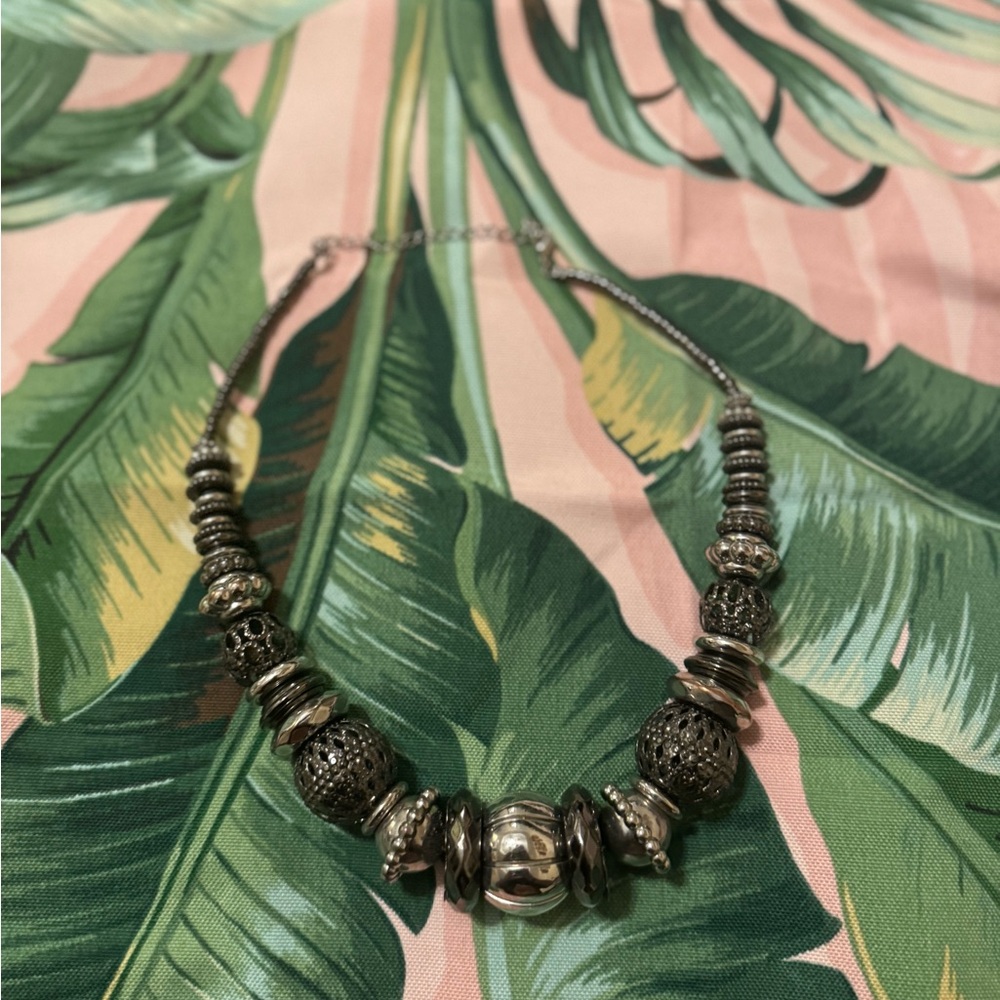 Graphite and silver chunky statement necklace with a boho vibe